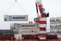 Crane unloads container ship Sevmorput - Russian nuclear-powered icebreaker lighter aboard ship carrier. Container terminal seapor