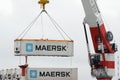 Crane unloads container ship Sevmorput - Russian nuclear-powered icebreaker lighter aboard ship carrier