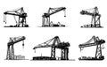 Crane vector icon and lifting equipment, Harbor cargo cranes set. Shipping port equipment