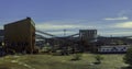 Cranes and buildings under the sunlight and a blue sky at daytime in Riotinto Mines in Spain