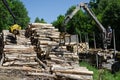 Cranes claw stack of timber logs at lumber mill