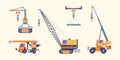 Cranes collection. Industrial loading machines for builders crane ropes with hook hoist vehicles garish vector