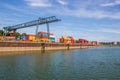 Cranes,containers and cargo around the Rhine river in the industrial port of Cologne North Rhine Westphalia Germany