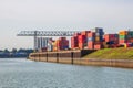 Cranes,containers and cargo around the Rhine river in the industrial port of Cologne North Rhine Westphalia Germany