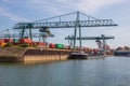 Cranes,containers and cargo around the Rhine river in the industrial port of Cologne North Rhine Westphalia Germany
