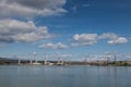 Cranes from the Drobeta Turnu Severin Romania shipyard taken from the other side of the Danube.