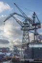 Cranes, dry dock and industrial building in Gdansk shipyard