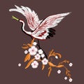 Cranes with flowers. Embroidery for Fashion. Vector illustration.