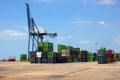 Cranes in the freight port of Alicante with lined shipping containers ready to be shipped