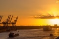 Cranes in a harbor at sunset Royalty Free Stock Photo