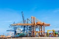 Cranes load containers on a large transport ship