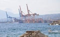 Rijeka, Croatia-May 22, 2022.Cranes Loading Cargo Containers at Adriatic Gate Port in Rijeka.Pecine beach