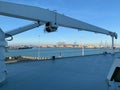 Cranes in the port of Zeebrugge seen from the deck of the Liner QM2