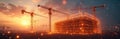 Cranes work at sunset on futuristic construction site. Glowing building framework symbolizes digital transformation and smart Royalty Free Stock Photo