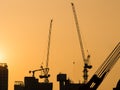 Cranes working at Building Construction site sunset sky Silhouette Industrial background