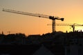 Cranes working at sunset in Lisbon Royalty Free Stock Photo