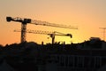 Cranes working at sunset in Lisbon Royalty Free Stock Photo