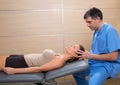 Cranial osteopathy therapy doctor hands in woman head