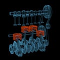 Crank shaft with pistons (3D xray red and blue transparent) Royalty Free Stock Photo