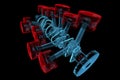 Crank shaft with pistons (3D xray red and blue transparent)