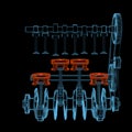 Crank shaft with pistons (3D xray red and blue transparent)