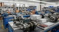 Crankshafts and Engine Components on Blue Workbenches in a Brightly Lit Mechanical Assembly Workshop Precision Machined Royalty Free Stock Photo