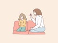 Cranky daughter being scolded by mother simple korean style illustration