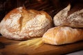 Fresh homemade bread assortment on old cutting board Royalty Free Stock Photo