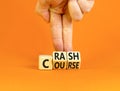 Crash course symbol. Concept words Crash course on wooden cubes. Beautiful orange table orange background. Businessman hand.