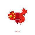 Crash Economics, China. Red down arrow on the map of China. Economic decline. Downward trends in the economy. Isolated