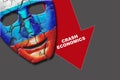 Crash Economics. Cracked theatrical mask of the Russian flag. On a gray background. Theatrical mask in the colors of the Russian