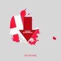 Crash Economics Denmark. Red down arrow on the map of Denmark. Economic decline. Downward trends in the economy. Isolated