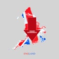 Crash Economics England. Red down arrow on the map of England. Economic decline. Downward trends in the economy. Isolated