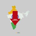 Crash Economics, India. Red down arrow on the map of India. Economic decline. Downward trends in the economy. Isolated.