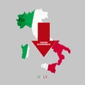 Crash Economics Italy. Red down arrow on the map of Italy. Economic decline. Downward trends in the economy. Isolated