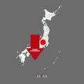 Crash Economics, Japan. Red down arrow on the map of Japan. Economic decline. Downward trends in the economy. Isolated