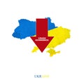 Crash Economics Ukraine. Red down arrow on the map of Ukraine. Economic decline. Downward trends in the economy. Isolated