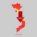 Crash Economics, Vietnam. Red down arrow on the map of Vietnam. Economic decline. Downward trends in the economy. Isolated