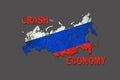 Crash economy. Cracked map of Russia. Isolated on a gray background. The crisis. Sanctions. The decline of the economy. Blockade. Royalty Free Stock Photo
