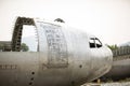 crash-landed aircraft. airplane wreckage in jungle - old propeller aircraft in forest.