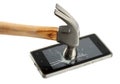 crash mobile phone smash by rusty iron hammer isolated on white background Royalty Free Stock Photo