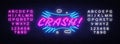 CRASH neon text vector design template. Comic speech bubble Crash in neon style, light banner design element colorful