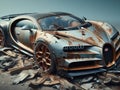 Crashed abandoned rusty expensive atmospheric supercar circulation banned for co2 emission dystopian