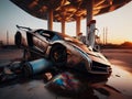 Crashed abandoned rusty expensive atmospheric supercar circulation banned for co2 emission dystopian Royalty Free Stock Photo
