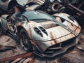 Crashed abandoned rusty expensive atmospheric supercar circulation banned for co2 emission dystopian