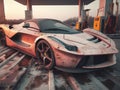 Crashed abandoned rusty expensive atmospheric supercar circulation banned for co2 emission dystopian