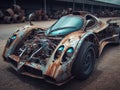 Crashed abandoned rusty expensive atmospheric supercar circulation banned for co2 emission dystopian