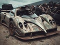 Crashed abandoned rusty expensive atmospheric supercar circulation banned for co2 emission dystopian Royalty Free Stock Photo