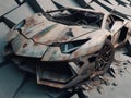 Crashed abandoned rusty expensive atmospheric supercar circulation banned for co2 emission dystopian