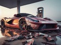 Crashed abandoned rusty expensive atmospheric supercar circulation banned for co2 emission dystopian Royalty Free Stock Photo